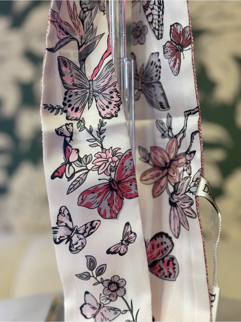 Christian Dior Pink Silk Twilly Scarf Pink Floral & Butterflies New in Box - Picture 5 of 7